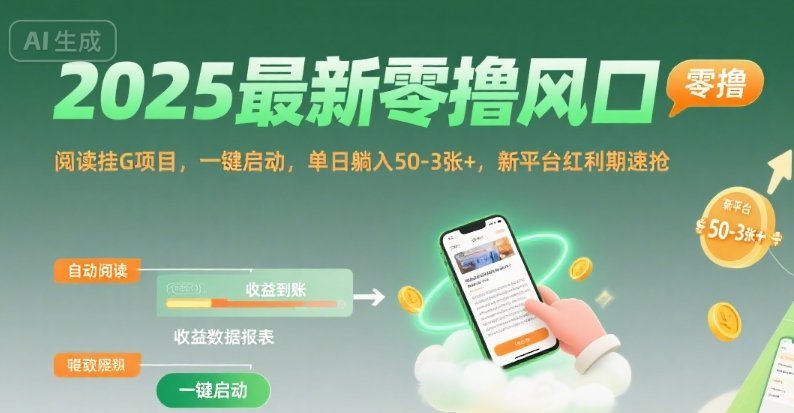 2025最新零撸风口,阅读挂G项目,一键启动,单日躺入 50-3张+,新平台红利期速抢