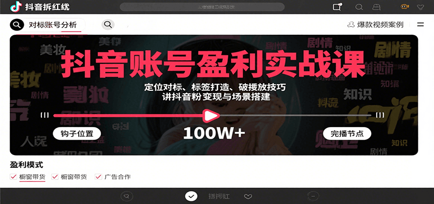 抖音账号盈利实战课,定位对标、标签打造、破播放技巧,讲涨粉变现与场景搭建