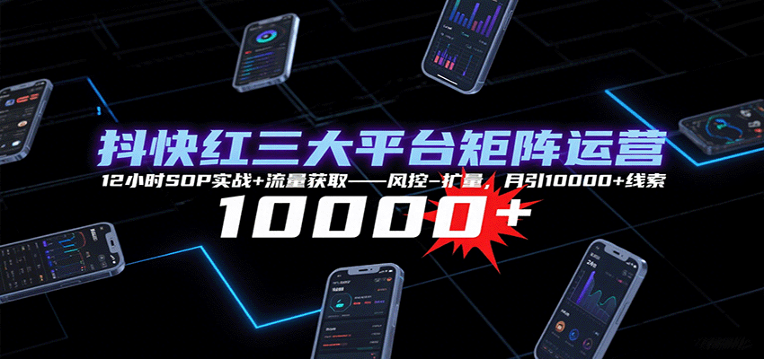 抖快红三大平台矩阵运营,12小时SOP实战+流量获取-风控-扩量,月引10000+线索