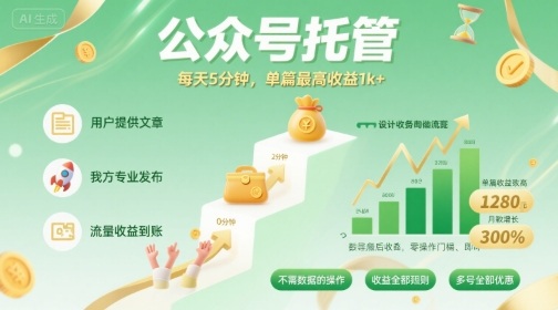 【公众号托管 】我提供文章,你发布,每天5分钟,单篇最高收益1k+