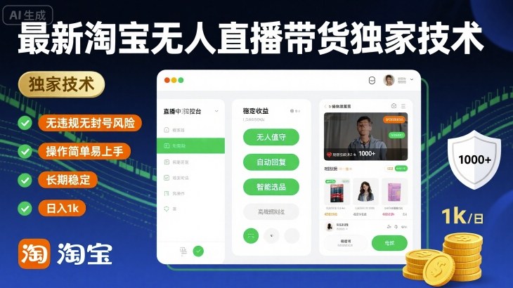 最新淘宝无人直播带货独家技术,无违规无封号风险,操作简单易上手,长期稳定日入1k