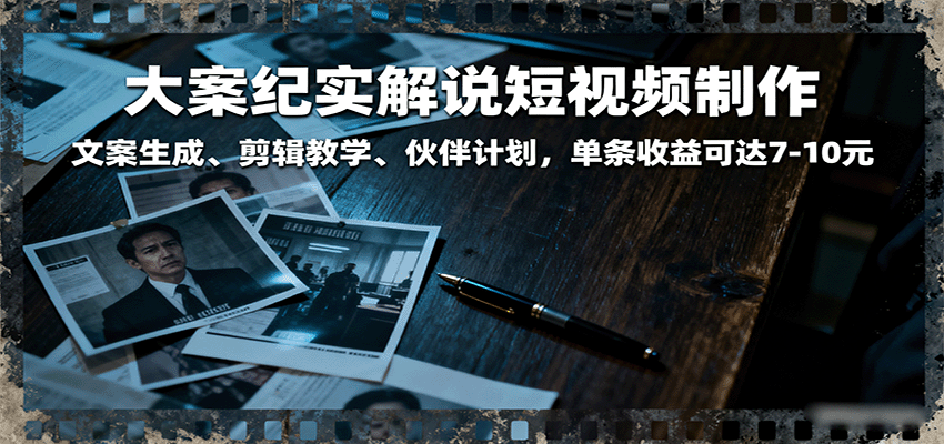大案纪实解说短视频制作,文案生成、剪辑教学、伙伴计划,单条收益可达7-10元