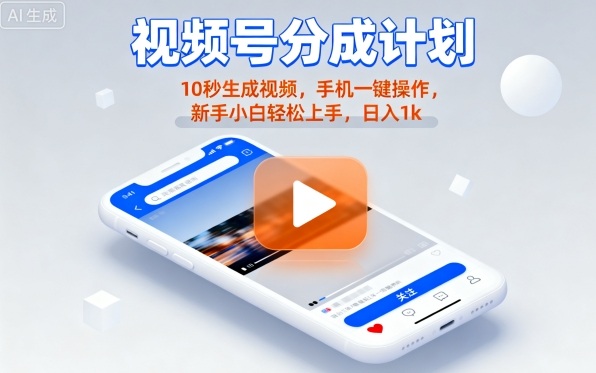 视频号分成计划懒人玩法,10秒生成视频,手机一键操作,新手小白轻松上手,日入1K