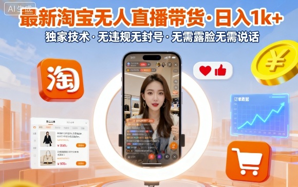 最新淘宝无人直播带货,日入1k+,独家技术,无违规无封号,无需露脸无需说话