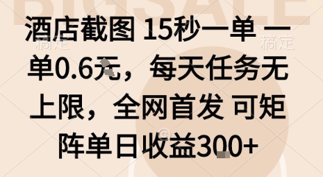 酒店截图15秒一单,一单0.6米,每天任务无上限,全网首发可矩阵单日收益3张