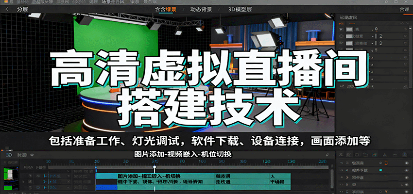 高清虚拟直播间搭建技术,包括准备工作、灯光调试,软件下载、设备连接,画面添加等