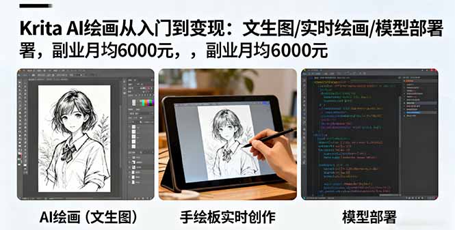 (16222期)Krita AI绘画从入门到变现:文生图/实时绘画/模型部署,副业月均6000元