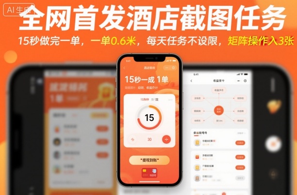 全网首发酒店截图任务,15秒做完一单,一单0.6米,每天任务不设限,矩阵操作日入3张