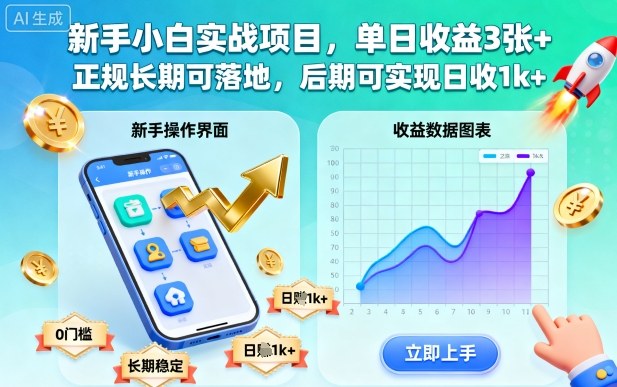 新手小白实战项目,单日收益3张+,正规长期可落地,后期可实现日收1k+