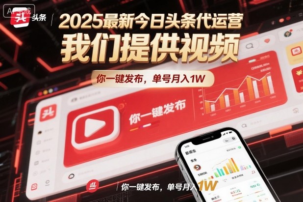 2025最新今日头条代运营，我们提供视频，你一键发布，单号月入1W