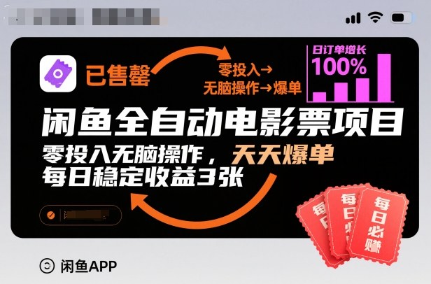 闲鱼全自动电影票项目，零投入无脑操作，天天爆单，每日稳定收益3张
